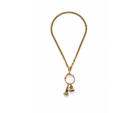 AN 18 CARAT GOLD ALBERT CHAIN WITH TWO EARLY 19TH CENTURY FOB SEALS   The curb link chain with lobster claw and ring bolt cla