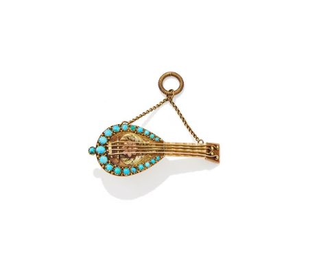 A VICTORIAN TURQUOISE MANDOLIN PENDANT CIRCA 1840 Designed as a two colour gold mandolin with floral and foliate motifs and c