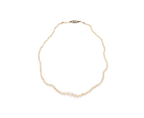 A GRADUATED PEARL AND SEED PEARL NECKLACE  The necklace with graduated pearls and seed pearls on a knotted strand, to a diamo