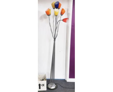 An interesting mid century style steel and glass standard lamp, H. 185cm, together with a quantity of spare coloured shades.