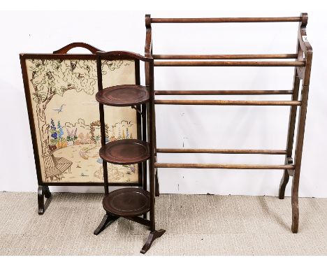 A beechwood towel rail, together with a fire screen and a cake stand.