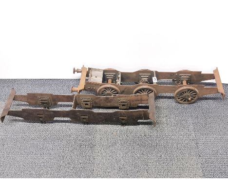 A large scale handmade steel model railway bogey and a further incomplete bogey, L. 80cm, track W. 13cm.