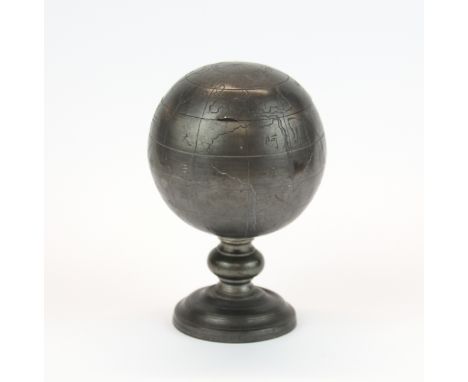 An old Chinese engraved pewter globe tea caddy, H. 13cm.