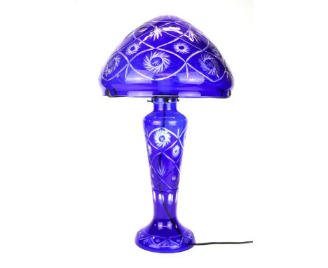 A lovely cobalt Bohemian blue cut glass table lamp, H. 58cm.