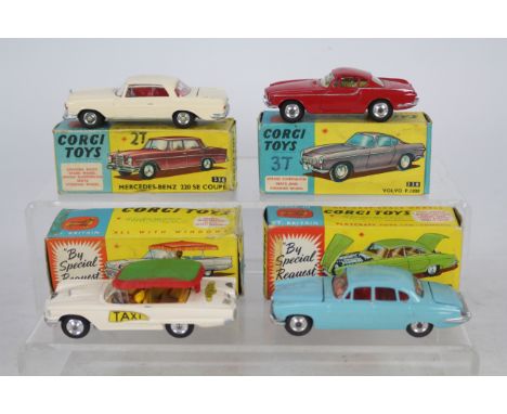 Corgi - 4 x boxed cars, Volvo P1800 # 228, Ford Bermuda Taxi # 430, Jaguar Mk10 # 238 and a Mercedes 220SE Coupe # 230. All o