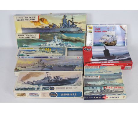 Airfix - Tamiya - Zvezda - 10 x boxed maritime model kits including HMS Nelson in 1:600 scale, HMS Suffolk in 1:600 scale, Tr