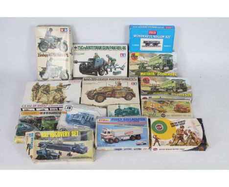 Airfix - Peco - Matchbox - Tamiya - 14 x boxed military vehicles and railway model kits including RAF Emergency Set in OO sca