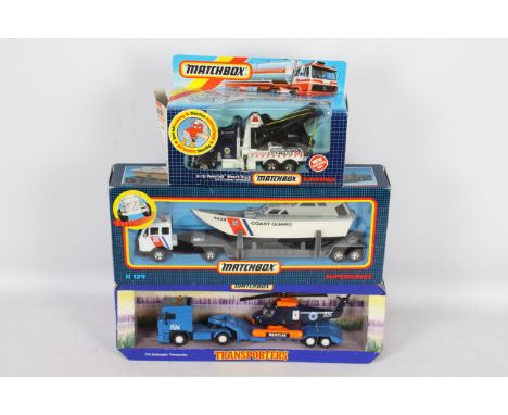 Matchbox Superkings - Three boxed Matchbox SuperKings diecast vehicles. Lot includes K-129 Mercedes Coast Guard Transporter w