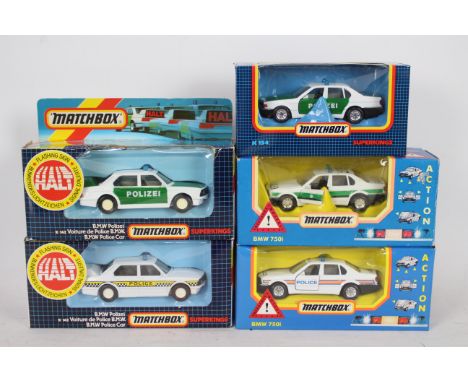 Matchbox SuperKings - Five boxed variants of Matchbox Superkings diecast 'Police' BMW 750i's. Lot includes K-142 'Polizei' ve