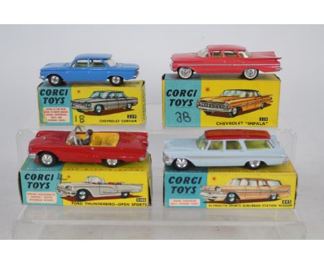Corgi - 4 x boxed cars, a Chevrolet Impala # 220, Ford Thunderbird # 215S, Chevrolet Corvair # 229 and a Plymouth Sports Subu