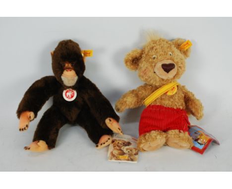 Steiff - Two Steiff bears - Lot includes a 'Jocko' monkey with yellow tag on its ear. Lot also includes a Steiff bear with gl