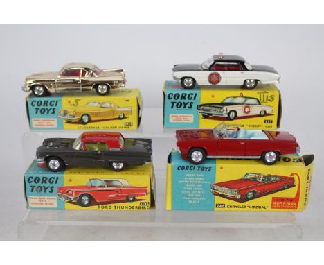 Corgi - 4 x boxed cars, Ford Thunderbird # 214S, Oldsmobile Sheriff Car # 237, Chrysler Imperial # 246 and Studebaker Golden 