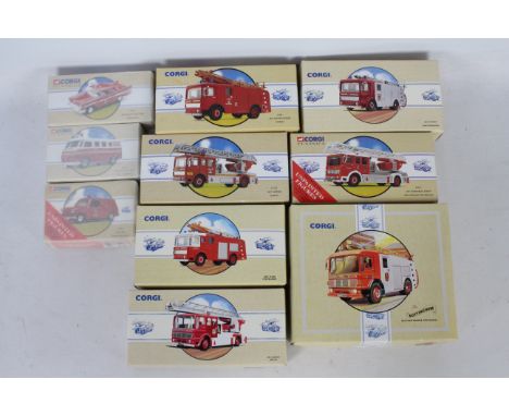 Corgi Classics - 10 boxed Corgi Classic diecast fire appliance / service themed vehicles. Lot includes #97353 AEC Ladder 'Dub