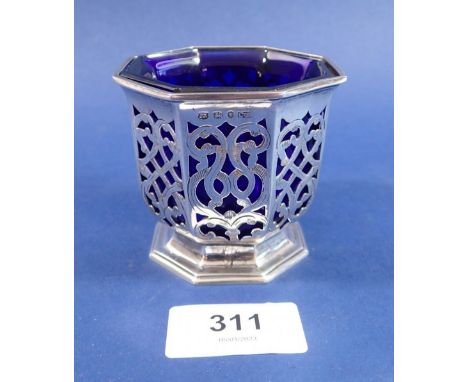 A pierced silver sugar bowl with blue glass liner, Sheffield 1846 by Henry Wilkinson &amp; Co, 92gm 