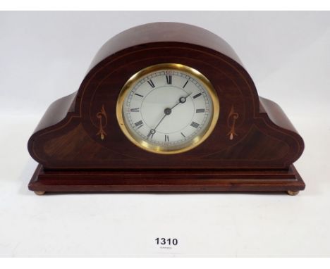 An Edwardian Swiss 8 day mahogany mantel clock with key, 28cm wide 