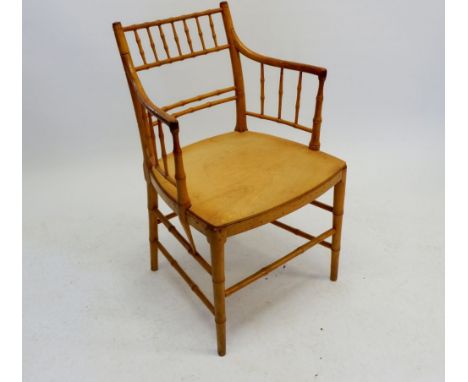 A 19th century beech turned bamboo style open armchair with spindle back (replacement seat panel) 