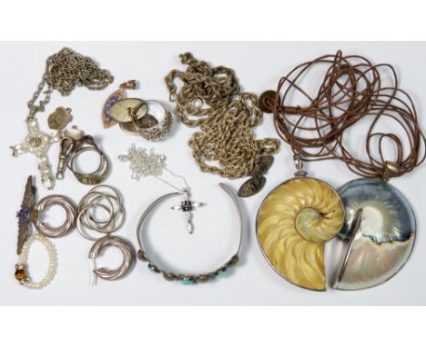 A quantity of silver and other jewellery including silver chains, silver mounted shell form pendants, earrings, coin bangle, 