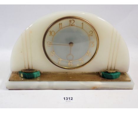 An Art Deco alabaster and malachite mantel clock, 30cm wide 