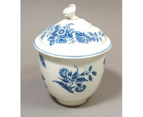 An 18th century Caughley sugar bowl and cover with floral decoration and flower finial, with Salopian mark, 14cm