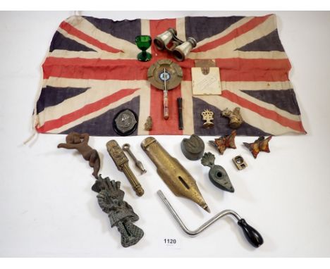 A group of collectables to include a pair of Lamier Paris mother of pearl opera glasses, novelty risqué lady screw driver etc