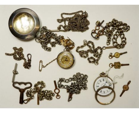 An 800 standard fob watch with enamel dial a/f and another fob watch and a quantity of fob chains and keys etc. 