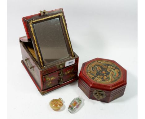 An oriental toiletry box and an octagonal box and two Chinese snuff boxes 