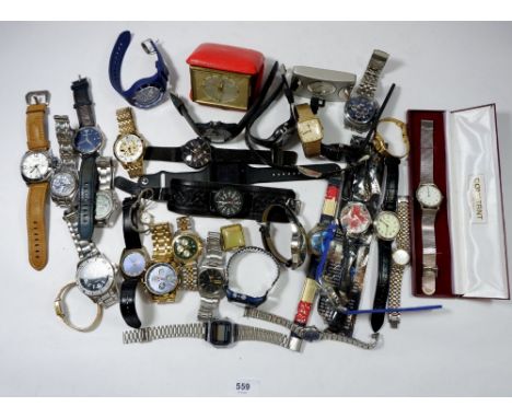A box of modern wrist watches plus an Ingersoll alarm clock 