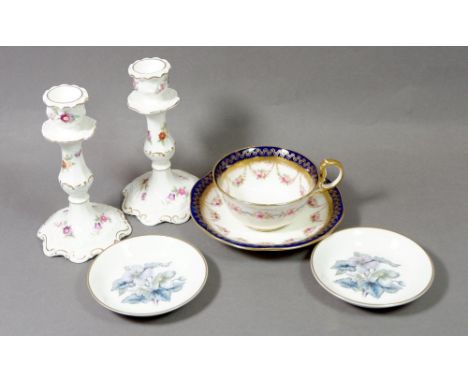A pair of Coalport floral candlesticks - 15cm tall, an Aynsley floral cabinet cup and two Worcester pin dishes 