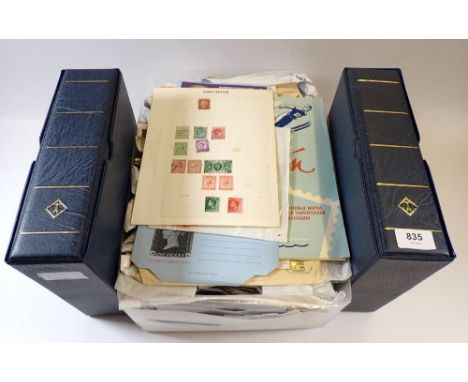 GB: Two large, sleeved, blue "Lighthouse" 4-ring binders with over 110 pages of postal history &amp; box of KGV-QEII covers, 