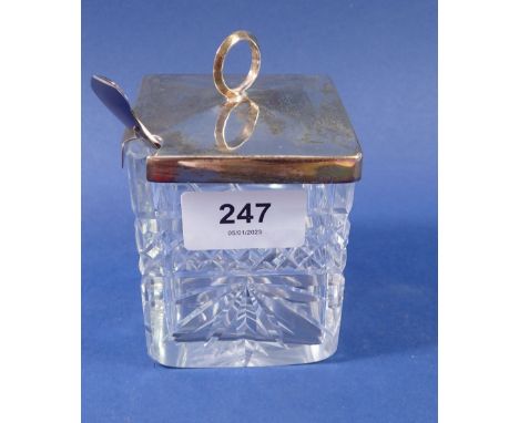 A Mappin &amp; Webb cut glass preserve pot with silver lid, Sheffield 1930 and a matched silver spoon 