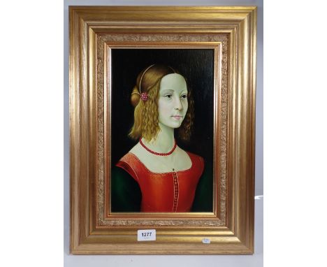 A modern Italian Florentine woman painted on oak panel, 22 x 35cm 