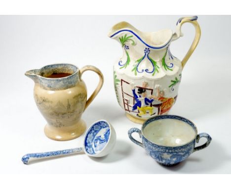 A Victorian jug painted fighting couples a/f, a blue and white jug, a ladle and a Leadless Glaze Co. cup