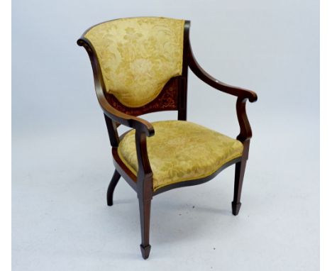 An Edwardian mahogany framed open armchair with upholstered and marquetry panel back 