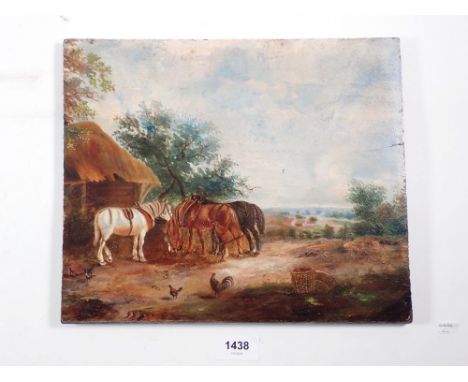 An early 19th century oil on wooden panel rural scene with horses - the verso painted part furnished scene, 31 x 26cm 