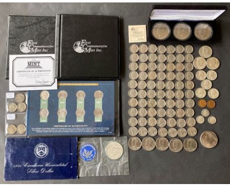 Large collection of US coins from 1912 on. Silver Liberty Head Peace dollar 1926. "Ike" silver dollar 1971 in original sleeve