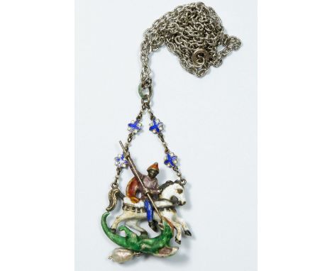 A 19th century Austro Hungarian silver and enamel St George &amp; The Dragon pendant on silver chain suspended pearl 