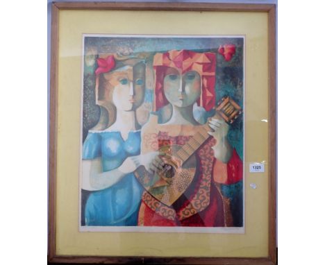 Jordi Pla Domenech - Spanish limited edition print of two girls with guitar, 51 x 43cm 