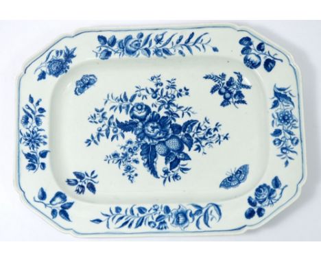 A Worcester First Period blue and white meat plate painted floral sprays and butterflies, 35 x 25cm, crescent mark to base 