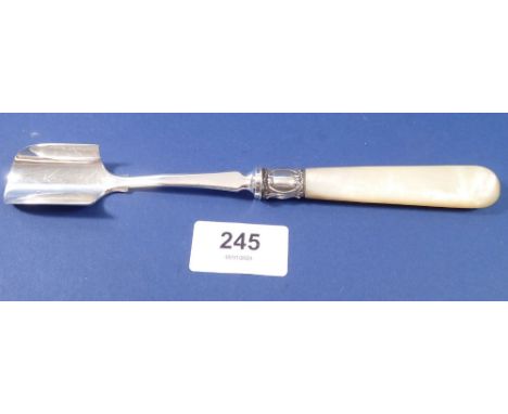A Victorian silver stilton scoop with mother of pearl handle, Sheffield 1867 by Martin &amp; Hall, length 19cm. 