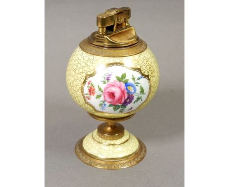 A Halcyon Days yellow floral porcelain and brass table lighter