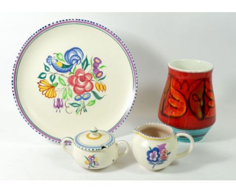 A Poole Pottery Aegean vase plus a Poole floral plate, jug and mustard 