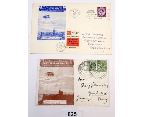 GB: First UK Aerial Post commem card sent to Germany, hand-stamped 'D H Evans &amp; Co' with both KEVII &amp; KGV 1/2d defin 
