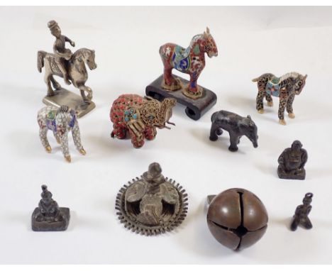 A collection of oriental metal and enamel miniature animal figures including horses and elephants etc. 