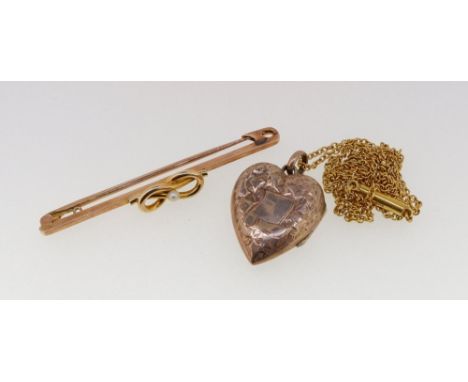 A gold bar brooch set seed pearl unmarked, 3g  and a gold heart form locket on chain 4.2g , a/f 