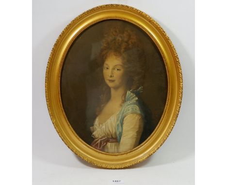An oval print of 18th century woman in gilt frame, 37 x 29cm