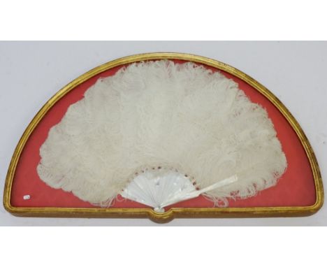 An ostrich feather and mother of pearl fan, framed and glazed with note to verso - belonged to Lady Cunard circa 1880