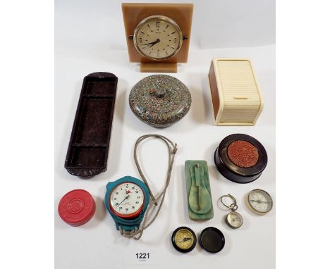 A group of collectables to include Bakelite stamp humidifier, Rolirix cigarette holder, pocket compasses, Smiths yacht timer 