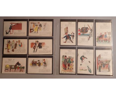 An album of various humourous and comical postcards including PVB weather reports, popular plays, Addled Ads, Ellam, Punch &a