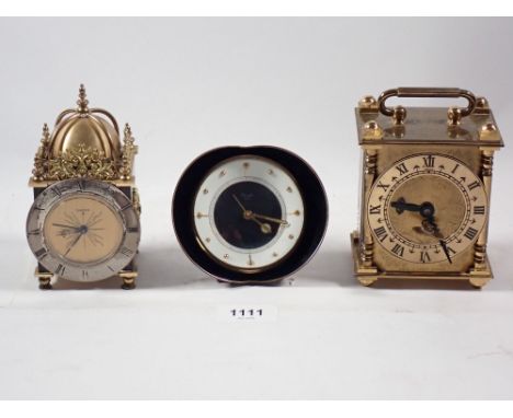 A Swiza miniature lantern style clock, a Smiths carriage clock and a Kienzle vintage alarm clock 