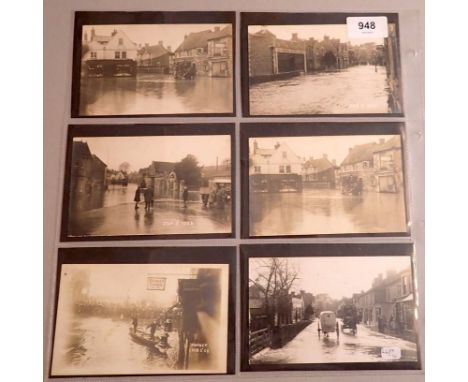 A group of six flood disaster postcards, two RP's including Melksham Gas Light Co premises 